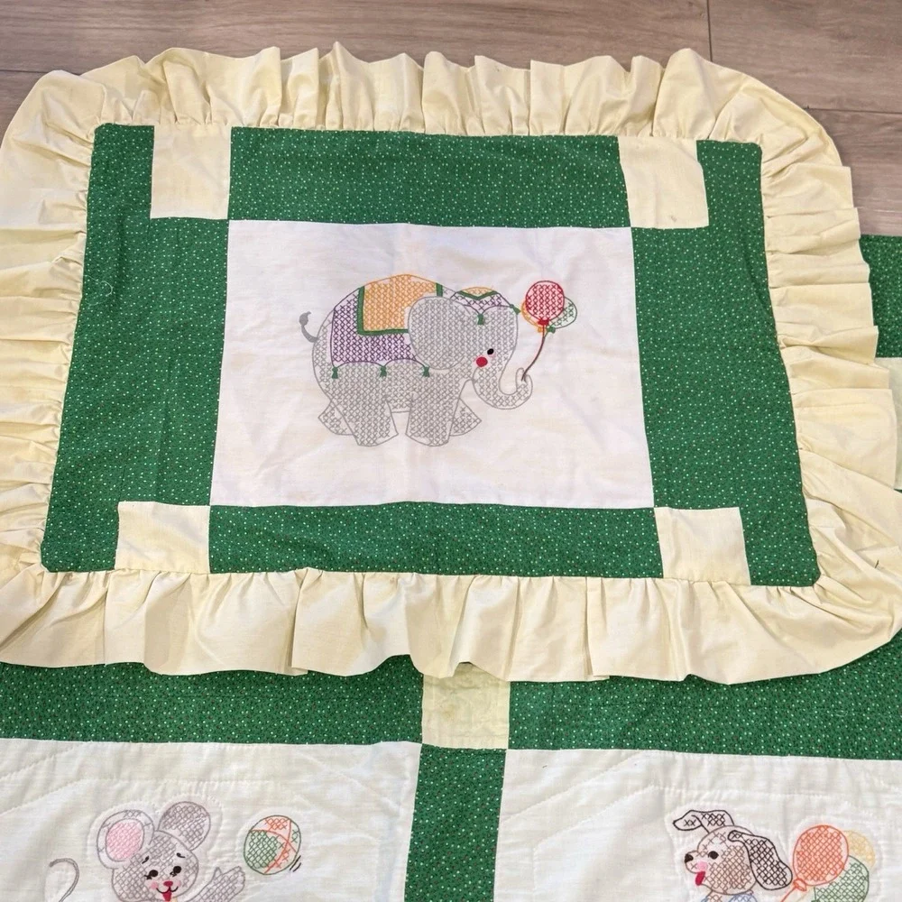 Handmade Vintage Embroidered Animal Quilt Twin Nursery Bunny Duck Green 50x64